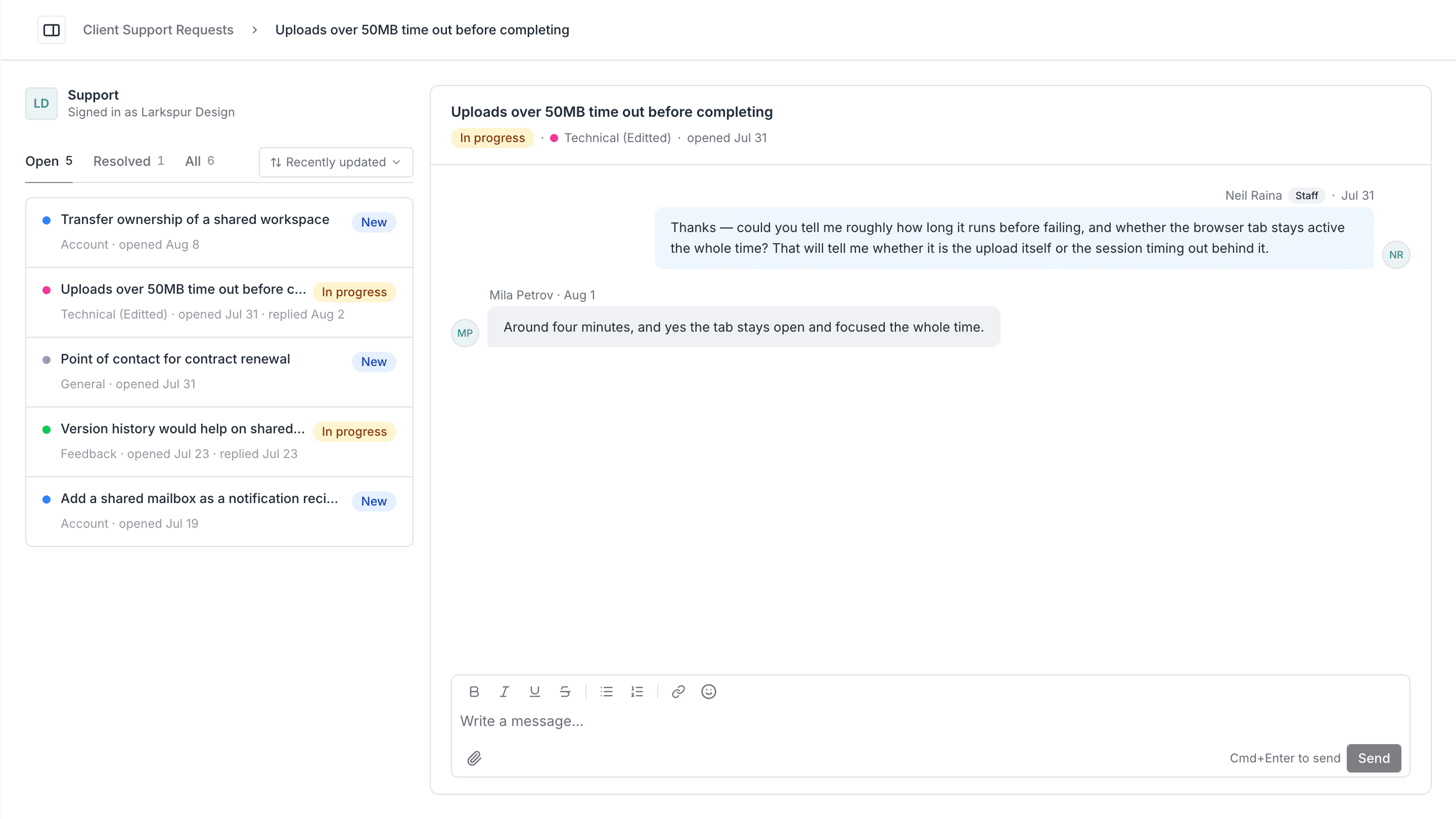 Client ticketing system screenshot